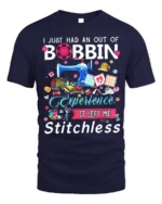Out of Bobbin Experience T-Shirt Funny Stitchless - navy t-shirt on white background
