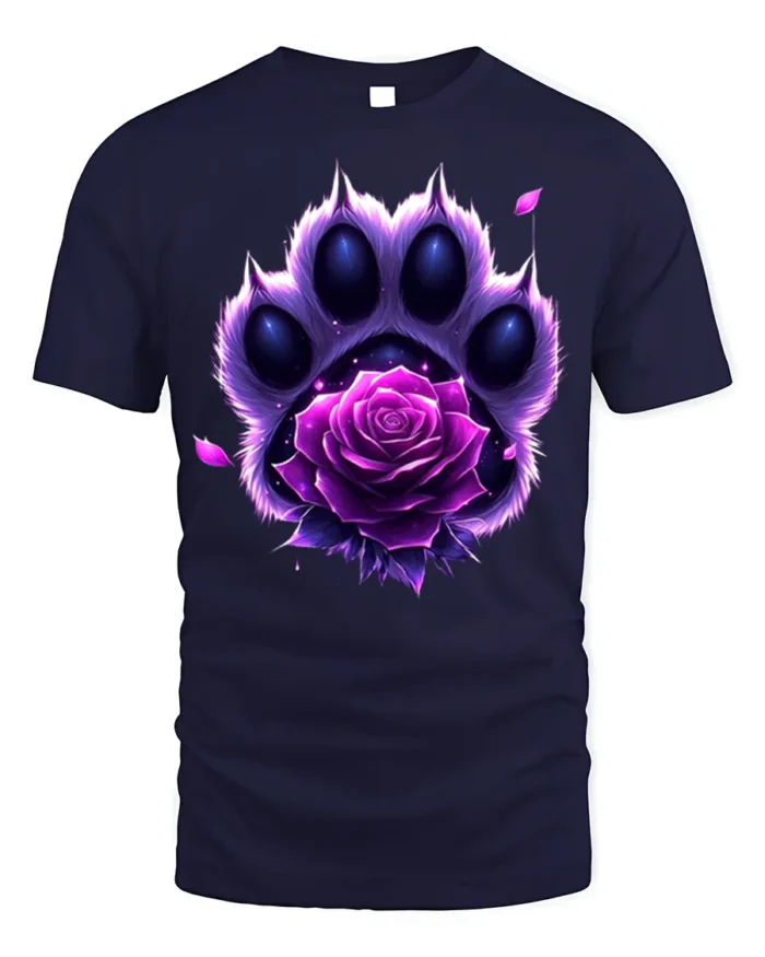 Purple Rose Paw T-Shirt Animal Spirit Floral Tee - navy t-shirt on white background