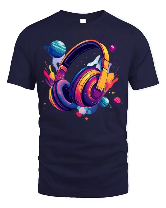 Space Headphones T-Shirt Galaxy Music Lover - navy t-shirt on white background