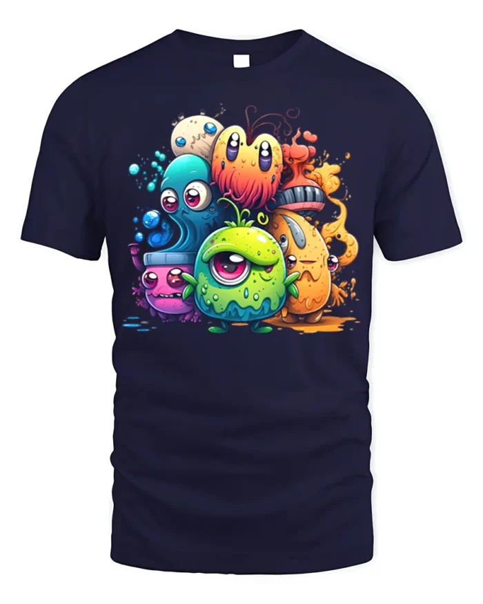 Cute Colorful Monster T-Shirt Funny Cartoon Creature - navy t-shirt on white background