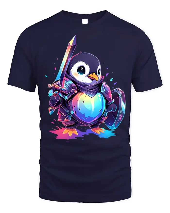 Warrior Penguin T-Shirt Cute Fantasy Sword Armor - navy t-shirt on white background
