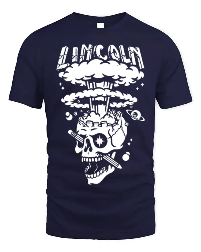 Lincoln Skull Explosion T-Shirt Bold Graphic Art - navy t-shirt on white background