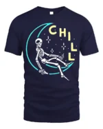 Chill Skeleton Moon T-Shirt Relaxed Cosmic Vibe - navy t-shirt on white background