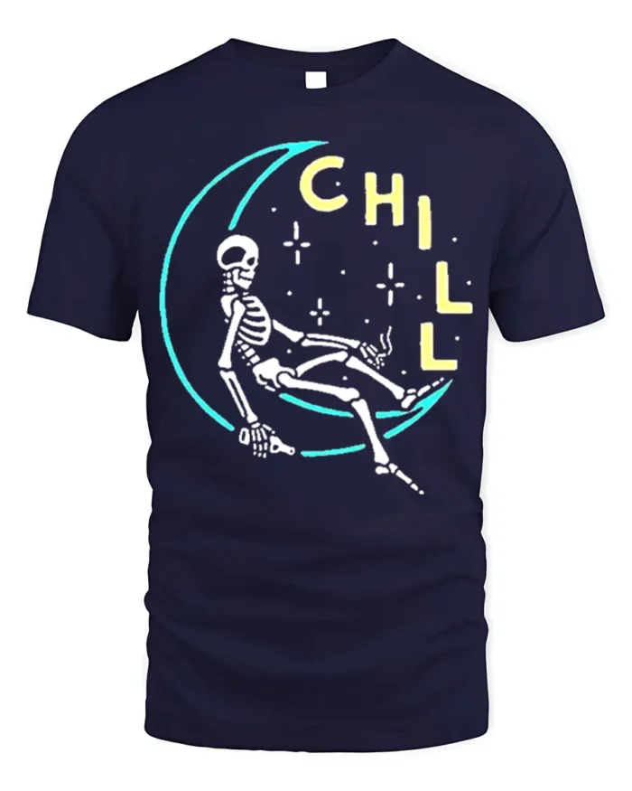 Chill Skeleton Moon T-Shirt Relaxed Cosmic Vibe - navy t-shirt on white background
