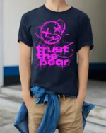 Trust the Bear Graphic T-Shirt Bold Neon Pink Streetwear - model wearing navy shirt, hands in pockets
