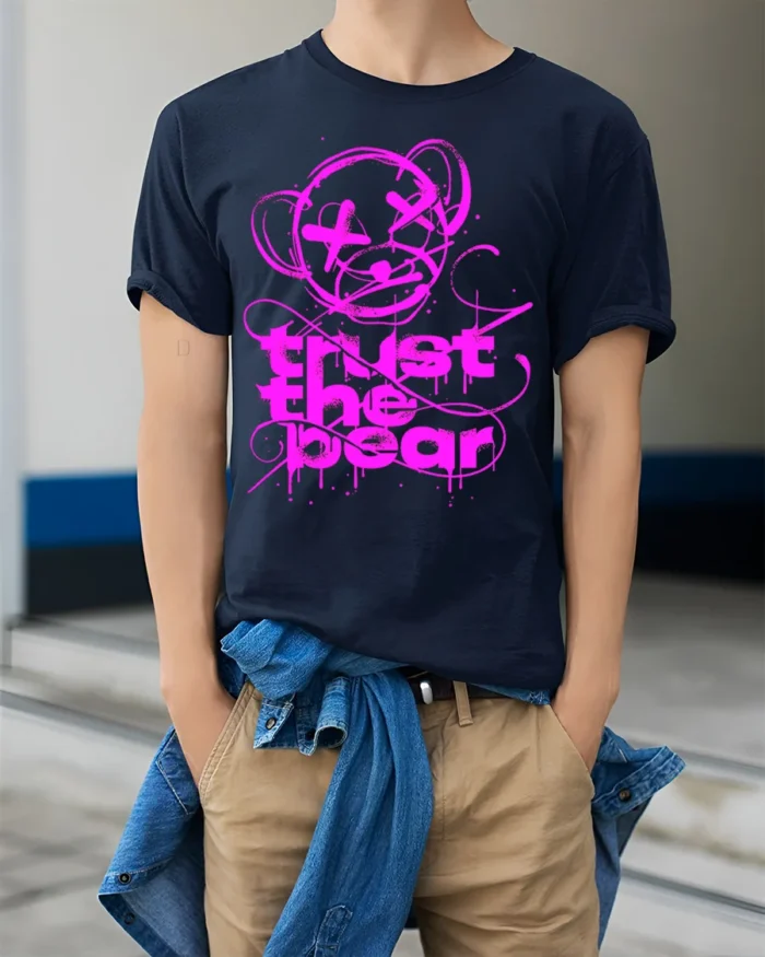 Trust the Bear Graphic T-Shirt Bold Neon Pink Streetwear - model wearing navy shirt, hands in pockets