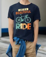 Life Is a Beautiful Ride T-Shirt Vintage Bike Tee - model wearing navy shirt, hands in pockets