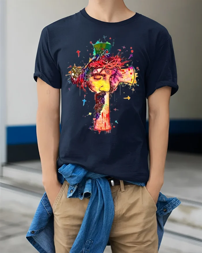 Jesus Cross Art T-Shirt Christian Faith Graphic Tee - model wearing navy shirt, hands in pockets