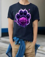 Purple Rose Paw T-Shirt Animal Spirit Floral Tee - model wearing navy shirt, hands in pockets