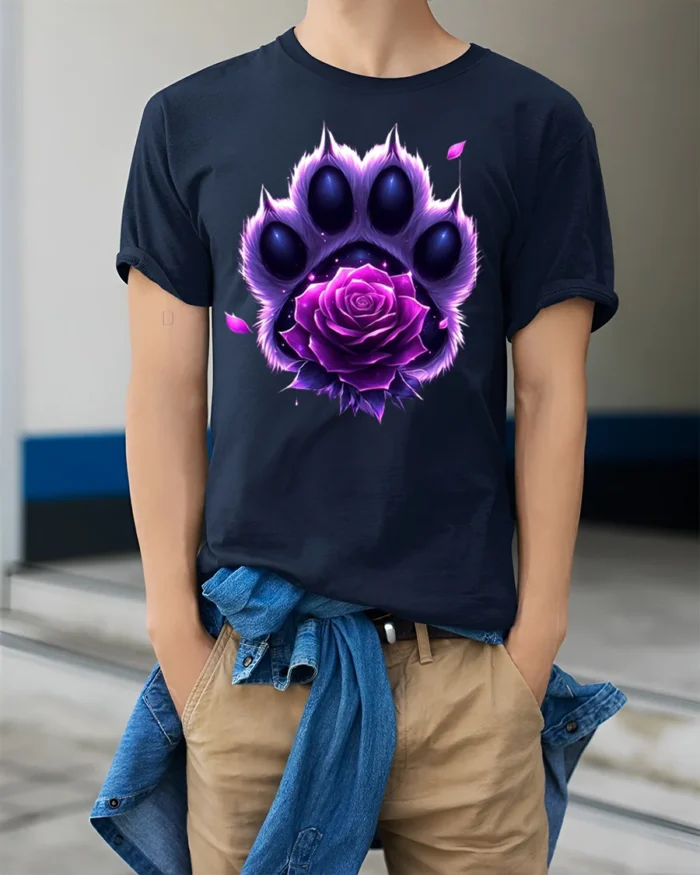 Purple Rose Paw T-Shirt Animal Spirit Floral Tee - model wearing navy shirt, hands in pockets