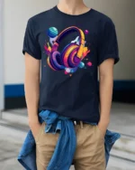 Space Headphones T-Shirt Galaxy Music Lover - model wearing navy shirt, hands in pockets