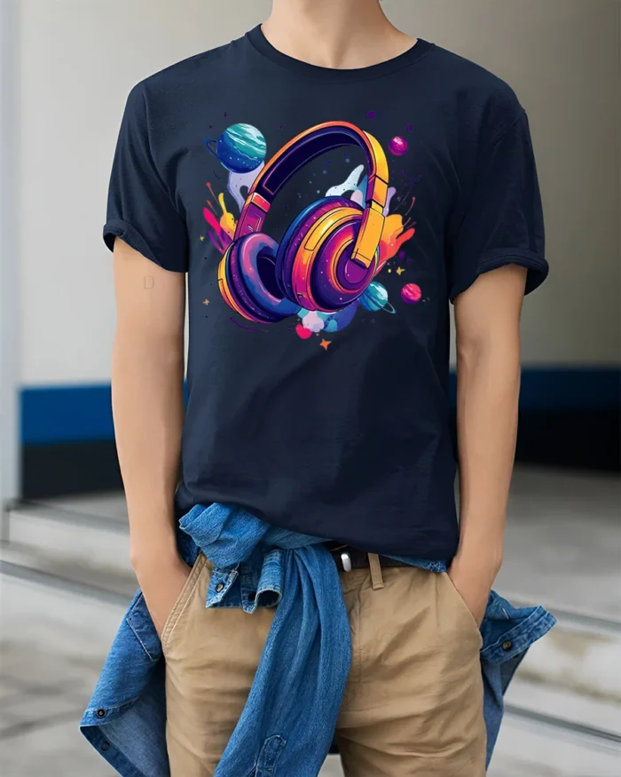 Space Headphones T-Shirt Galaxy Music Lover - model wearing navy shirt, hands in pockets