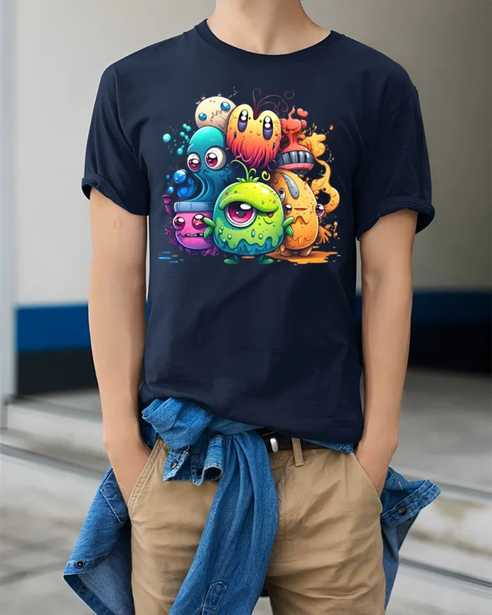 Cute Colorful Monster T-Shirt Funny Cartoon Creature - model wearing navy shirt, hands in pockets