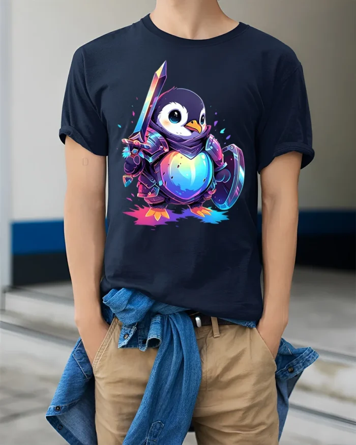 Warrior Penguin T-Shirt Cute Fantasy Sword Armor - model wearing navy shirt, hands in pockets