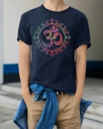 Om Symbol T-Shirt Sacred Yoga Mandala Spiritual - model wearing navy shirt, hands in pockets