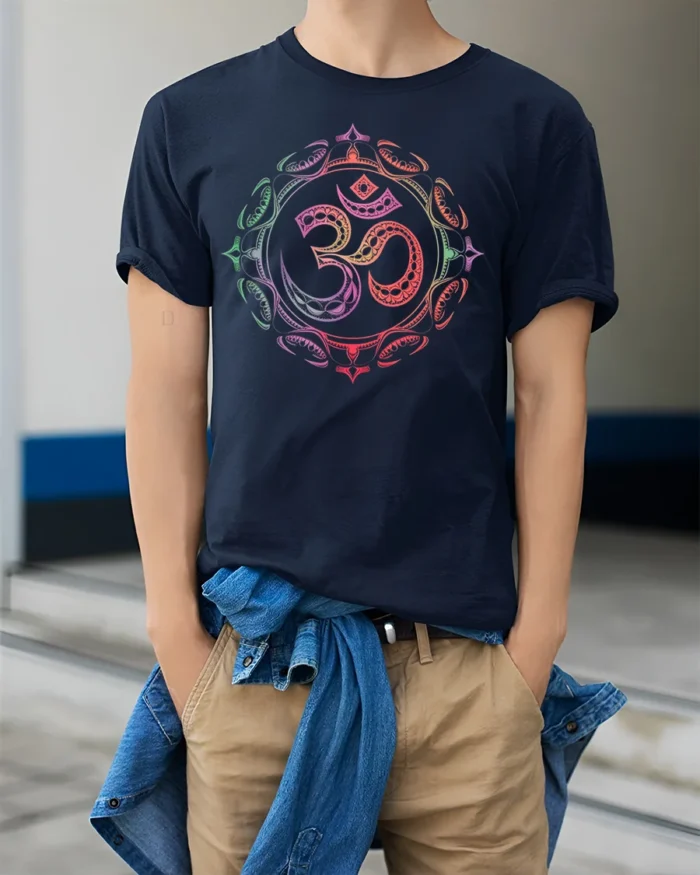 Om Symbol T-Shirt Sacred Yoga Mandala Spiritual - model wearing navy shirt, hands in pockets