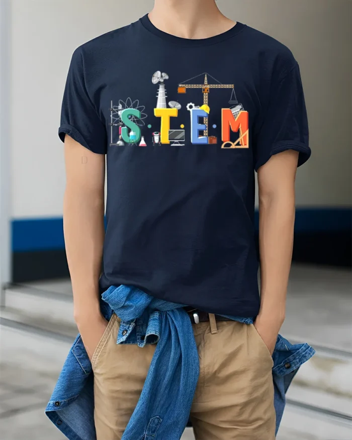 STEM Education T-Shirt Science Tech Engineering Math - model wearing navy shirt, hands in pockets