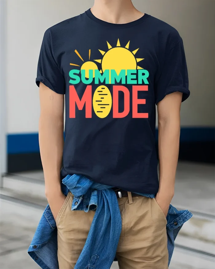 Summer Mode T-Shirt Fun Graphic Tee for Vacation Vibes - model wearing navy shirt, hands in pockets
