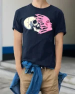 Life and Death Face Split T-Shirt Bold Graphic Streetwear - model wearing navy shirt, hands in pockets