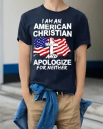 American Christian Patriotic T-Shirt Faith and Freedom - model wearing navy shirt, hands in pockets