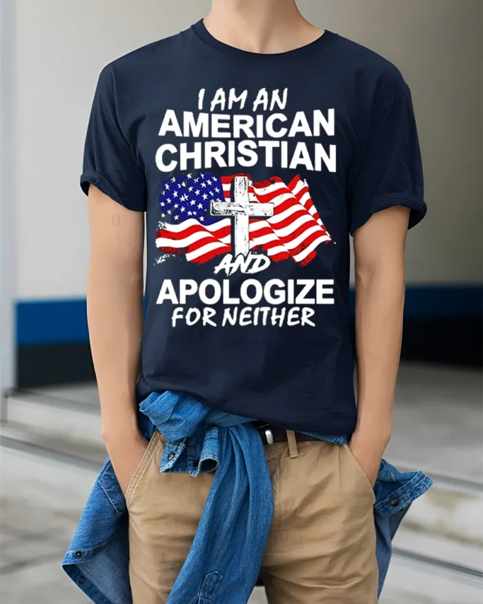 American Christian Patriotic T-Shirt Faith and Freedom - model wearing navy shirt, hands in pockets