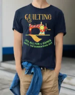 Quilting Fun T-Shirt Funny Bobbin Sewing Machine - model wearing navy shirt, hands in pockets