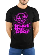 Trust the Bear Graphic T-Shirt Bold Neon Pink Streetwear - model wearing black shirt, hands behind back