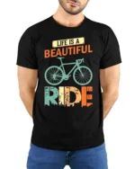 Life Is a Beautiful Ride T-Shirt Vintage Bike Tee - model wearing black shirt, hands behind back