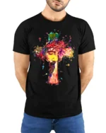Jesus Cross Art T-Shirt Christian Faith Graphic Tee - model wearing black shirt, hands behind back