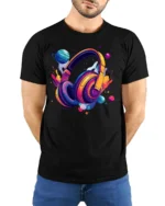 Space Headphones T-Shirt Galaxy Music Lover - model wearing black shirt, hands behind back