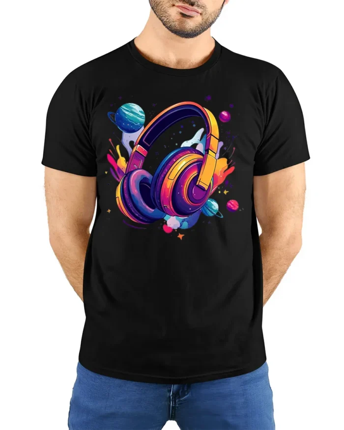 Space Headphones T-Shirt Galaxy Music Lover - model wearing black shirt, hands behind back