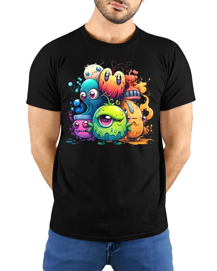 Cute Colorful Monster T-Shirt Funny Cartoon Creature - model wearing black shirt, hands behind back