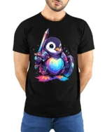 Warrior Penguin T-Shirt Cute Fantasy Sword Armor - model wearing black shirt, hands behind back