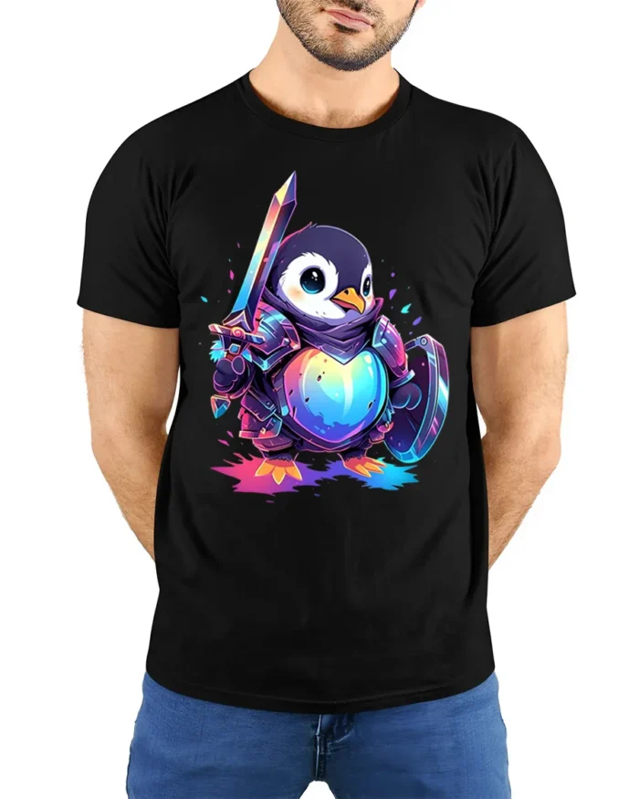 Warrior Penguin T-Shirt Cute Fantasy Sword Armor - model wearing black shirt, hands behind back
