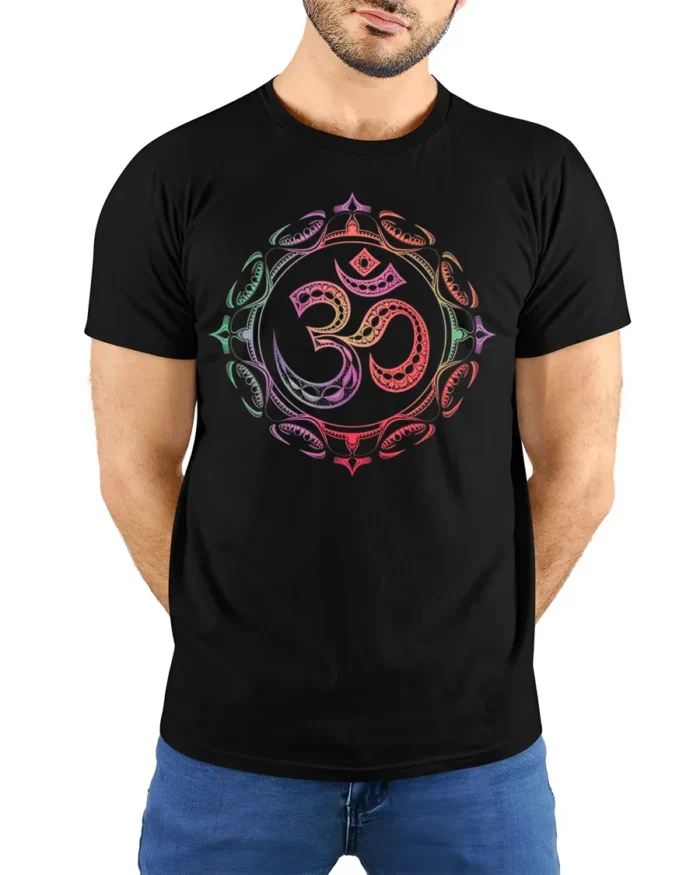 Om Symbol T-Shirt Sacred Yoga Mandala Spiritual - model wearing black shirt, hands behind back