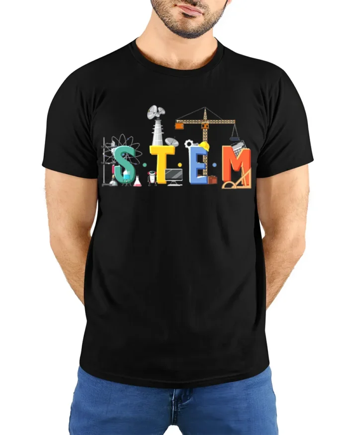 STEM Education T-Shirt Science Tech Engineering Math - model wearing black shirt, hands behind back