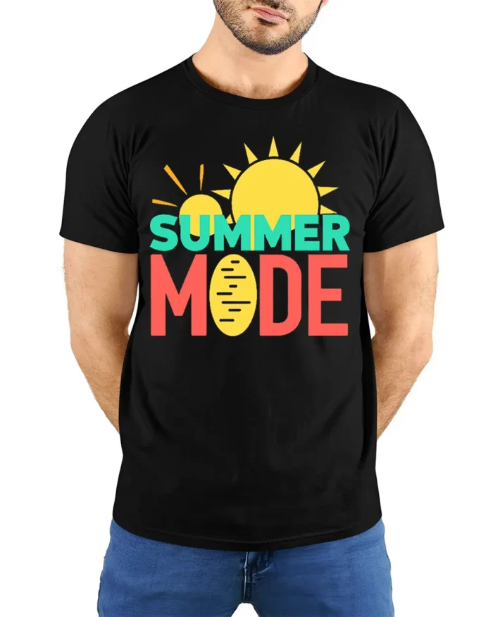 Summer Mode T-Shirt Fun Graphic Tee for Vacation Vibes - model wearing black shirt, hands behind back