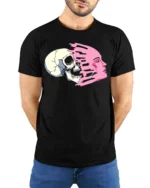 Life and Death Face Split T-Shirt Bold Graphic Streetwear - model wearing black shirt, hands behind back