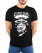 Lincoln Skull Explosion T-Shirt Bold Graphic Art - model wearing black shirt, hands behind back