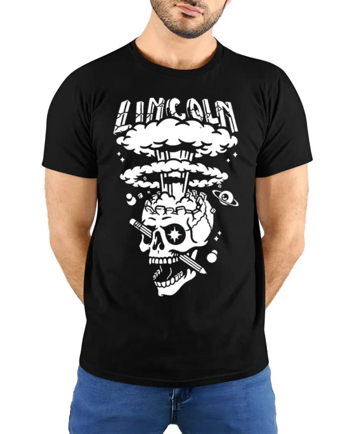 Lincoln Skull Explosion T-Shirt Bold Graphic Art - model wearing black shirt, hands behind back