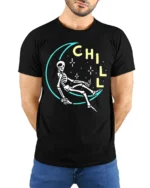 Chill Skeleton Moon T-Shirt Relaxed Cosmic Vibe - model wearing black shirt, hands behind back