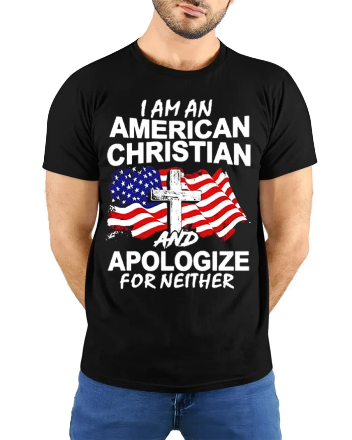 American Christian Patriotic T-Shirt Faith and Freedom - model wearing black shirt, hands behind back