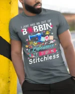 Out of Bobbin Experience T-Shirt Funny Stitchless - model in grey shirt leaning against column