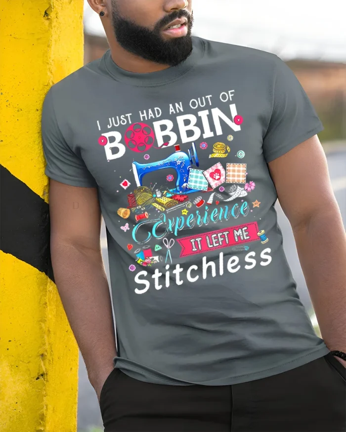Out of Bobbin Experience T-Shirt Funny Stitchless - model in grey shirt leaning against column