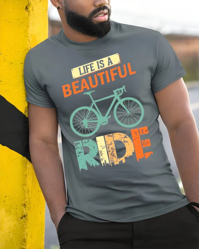 Life Is a Beautiful Ride T-Shirt Vintage Bike Tee - model in grey shirt leaning against column