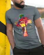 Jesus Cross Art T-Shirt Christian Faith Graphic Tee - model in grey shirt leaning against column