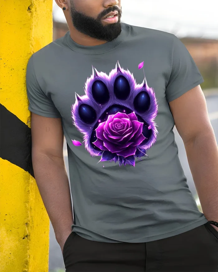 Purple Rose Paw T-Shirt Animal Spirit Floral Tee - model in grey shirt leaning against column