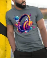 Space Headphones T-Shirt Galaxy Music Lover - model in grey shirt leaning against column