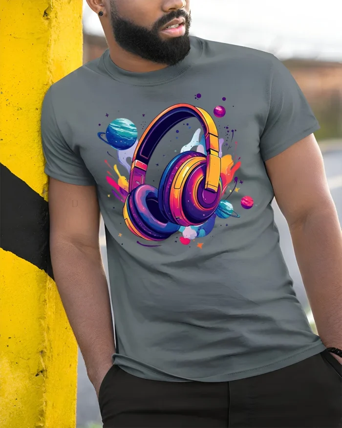 Space Headphones T-Shirt Galaxy Music Lover - model in grey shirt leaning against column
