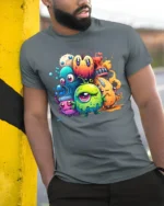 Cute Colorful Monster T-Shirt Funny Cartoon Creature - model in grey shirt leaning against column